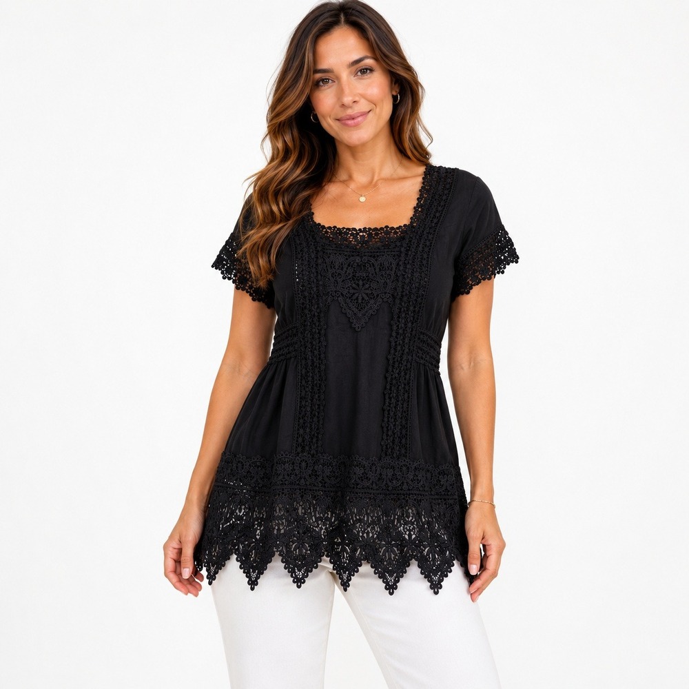 Johnny Was Blouse Black Crochet Lace‎ Trim Cupra Rayon Boho Small